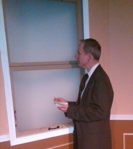 Will Southard as Juror 8 in what I'd call symbolic stage direction of "looking out" and "thinking outside the box"